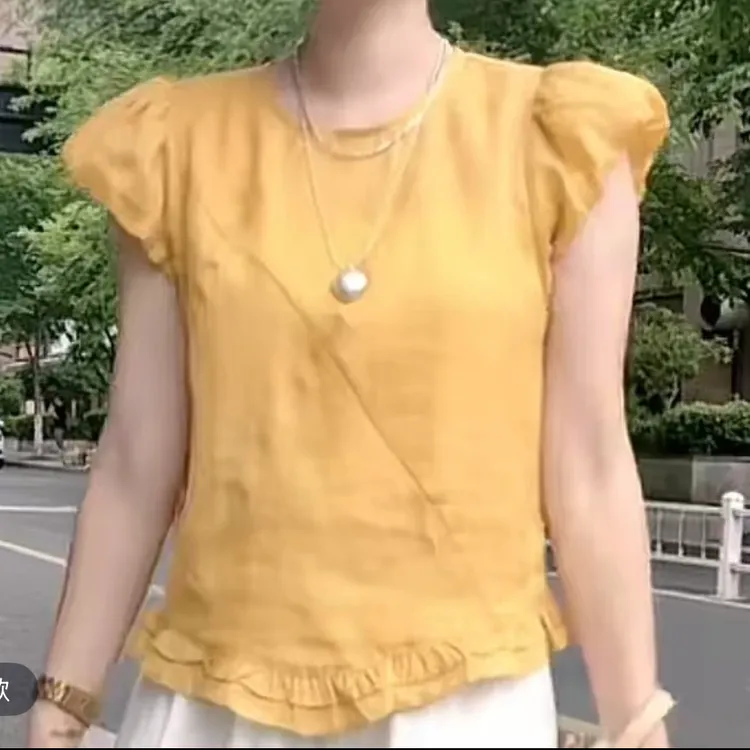 花边小飞袖纯色显瘦小衫2025新款气质时尚宽松上衣休闲百搭设计感