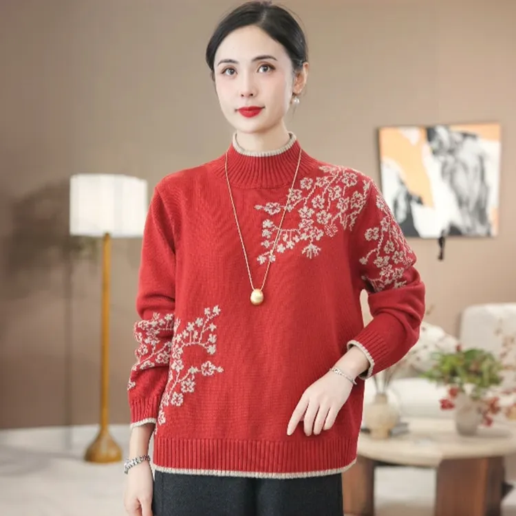 2025年秋冬新款半高领设计感加厚保暖显瘦女撞色针织衫上衣