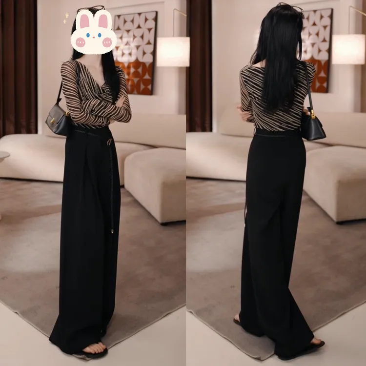 设计感斑马纹长袖T恤女+高腰西装阔腿裤女垂感休闲拖地裤BB50287