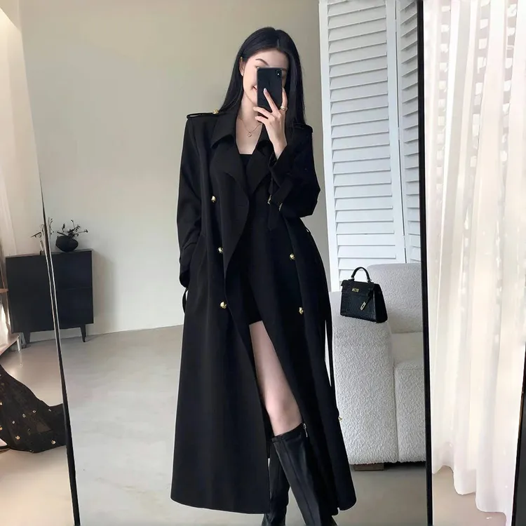 赫本风黑色风衣女2025秋冬新款时尚高级感气质双排扣中长款外套