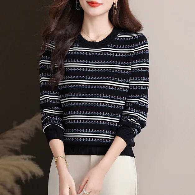 条纹圆领长袖毛针织衫秋季新款百搭女装套头款网红洋气炸街女装