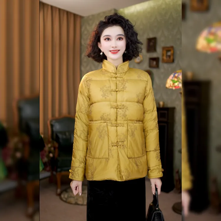 新中式国风绣花复古外套女短款轻薄立领盘扣羽绒服F9927