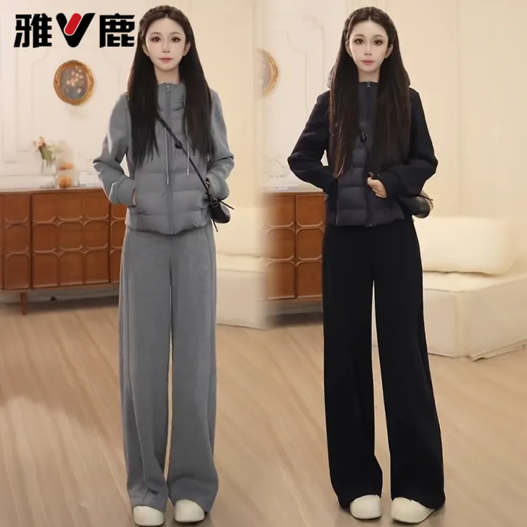 雅鹿时尚套装女2025冬季新款洋气显瘦外套阔腿裤保暖两件套