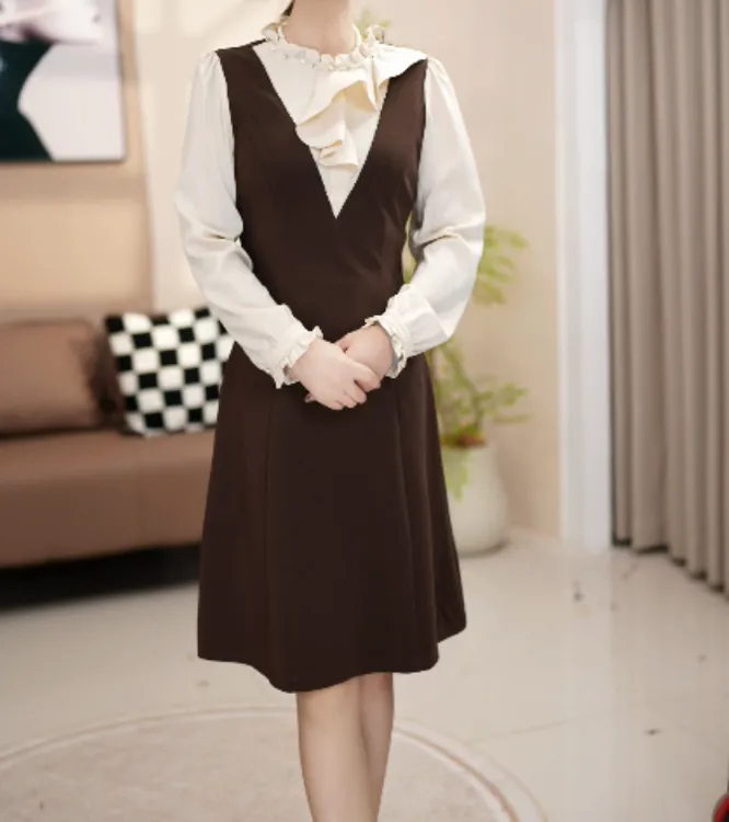 F807 (微瑕介意勿拍）法式拼接中长款连衣裙