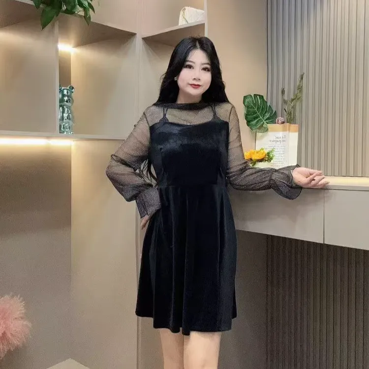 冬季连衣裙-双 8807时尚潮流风拼接假两件显瘦款胖MM大码女装新款