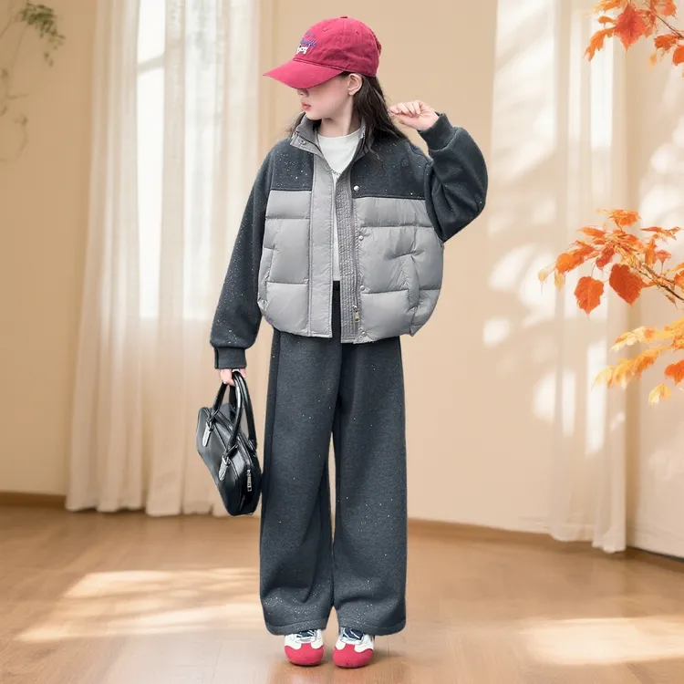 女童冬季时尚立领棉服套装2025新款儿童秋冬洋气加厚棉衣阔腿裤