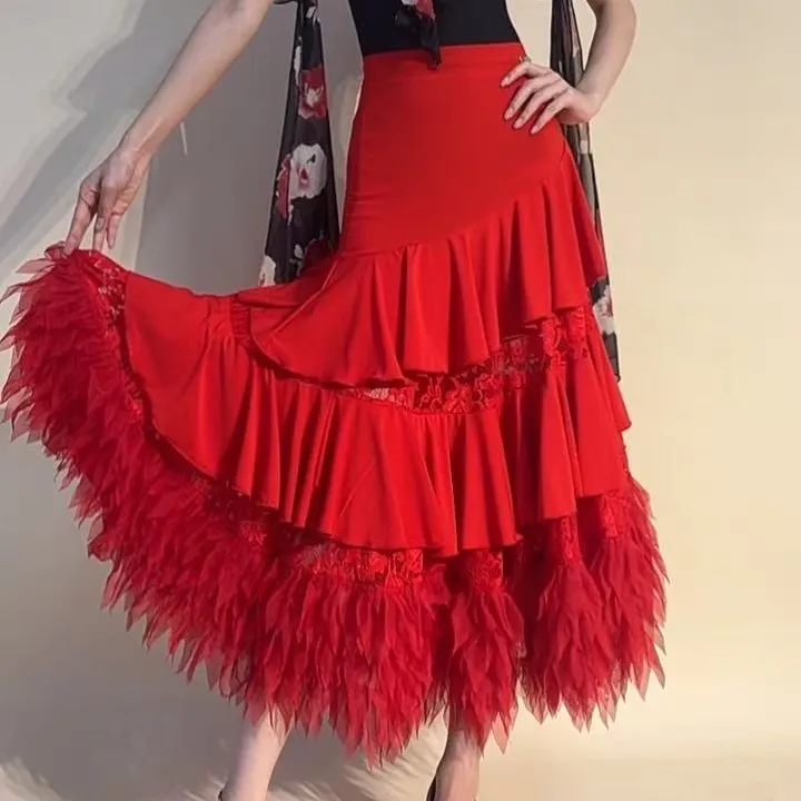 YRSS舞服♥正品高奢版蕾丝花瓣裙摩登国标练习半裙