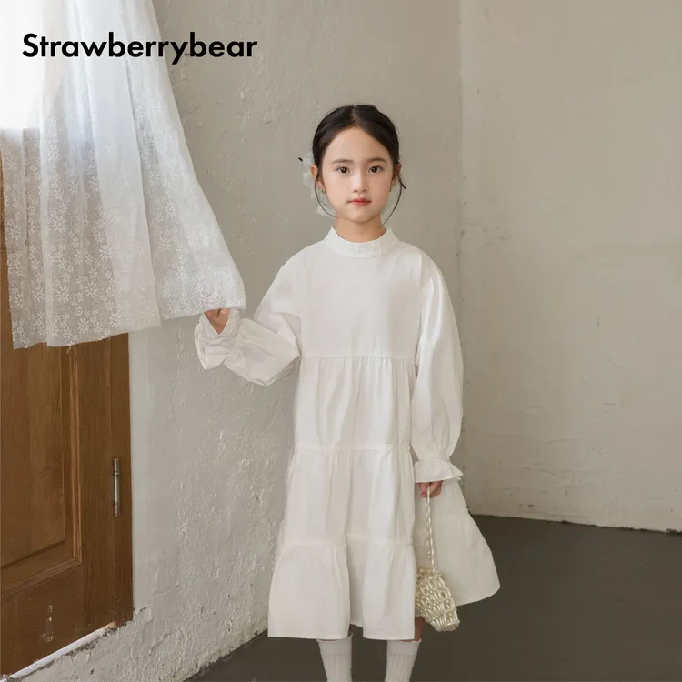 草莓熊Strawberrybear女童连衣裙秋季白色新款长袖法式气质礼服裙