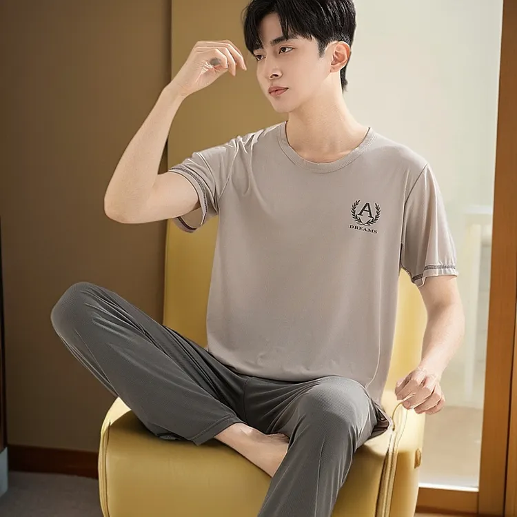 睡衣男士春夏季短袖长裤弹力凉感冰丝螺纹家居服休闲大码睡衣冰丝