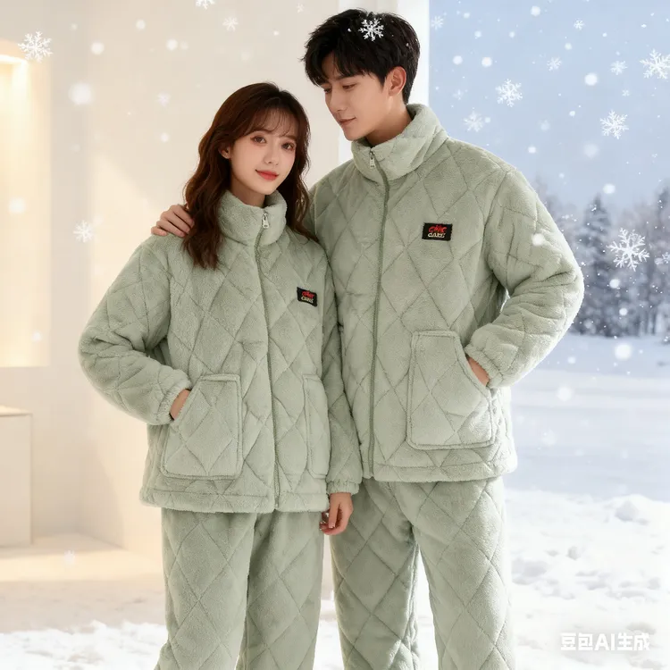 冬季加厚睡衣男女三层夹棉睡衣三层加厚睡衣情侣珊瑚绒家居服套装