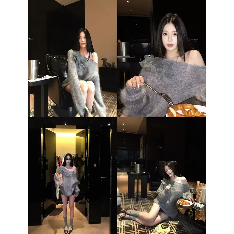 韩版慵懒风斜肩套头毛衣女秋冬气质露肩宽松显瘦针织上衣 9531#