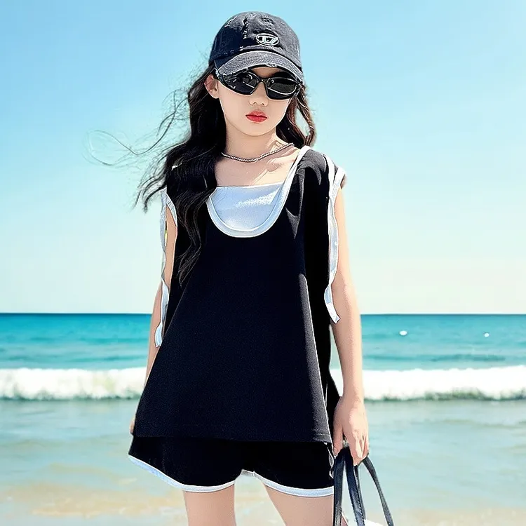 女童套装2025新简约休闲运动背心儿童夏装宽松潮范薄款短裤三件套