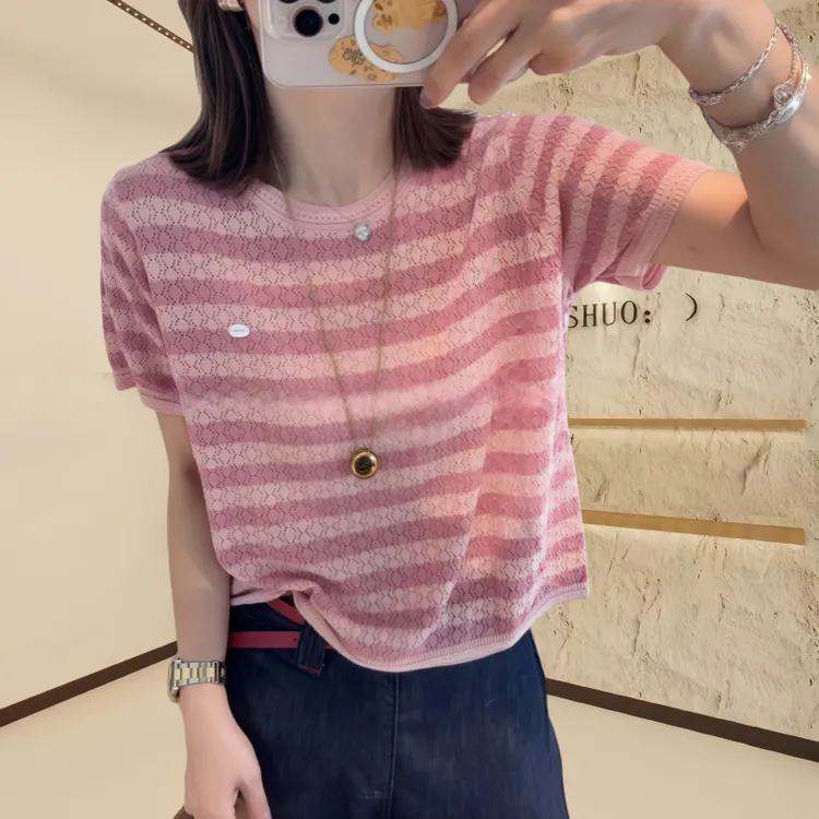 贝贝 条纹镂空短袖女款爆款2025新款休闲宽松显瘦今年流行穿搭