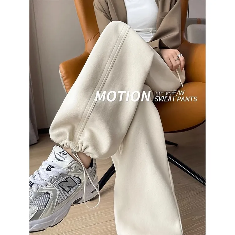 运动裤女春秋2025新款高腰垂感显瘦直筒阔腿裤抽绳束脚休闲卫裤子