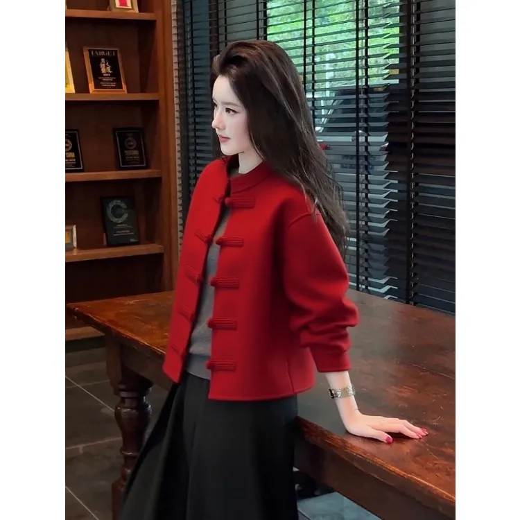 大码套装秋冬不撞款新中式国风盘扣重要场合新年圣诞红色毛呢