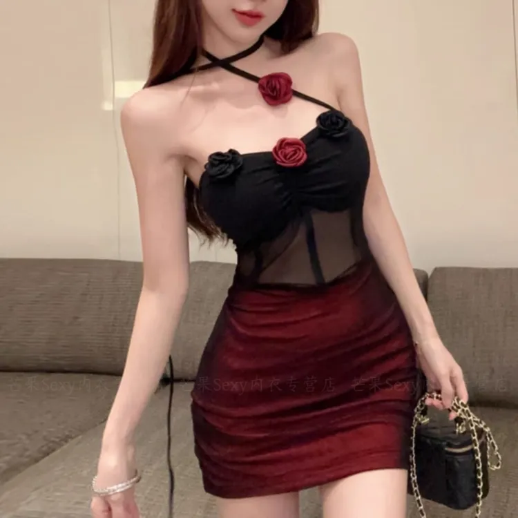 【夜宴玫瑰】包臀裙禁欲系高级感80-170斤挂脖性感睡衣纯欲睡衣睡裙