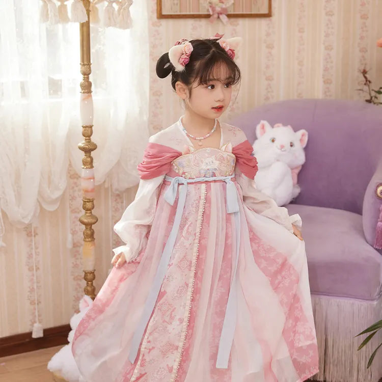 十三余童装[迪士尼玛丽猫-猫咪盛典]国风汉服春秋女童连衣裙古风