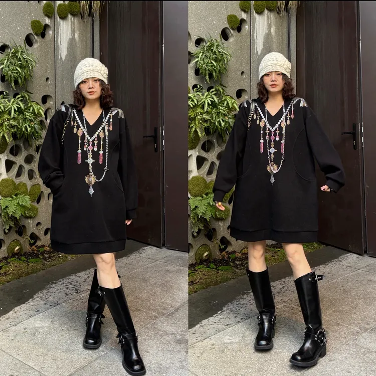 YDFSTUDIO小众【阳光初恋】欧货重工高品烫钻装饰设计时尚V领卫衣裙