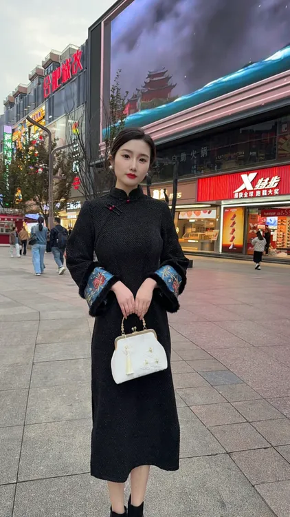 【柳绵】新中式改良倒大袖旗袍裙秋冬新款加厚保暖连衣裙高级感