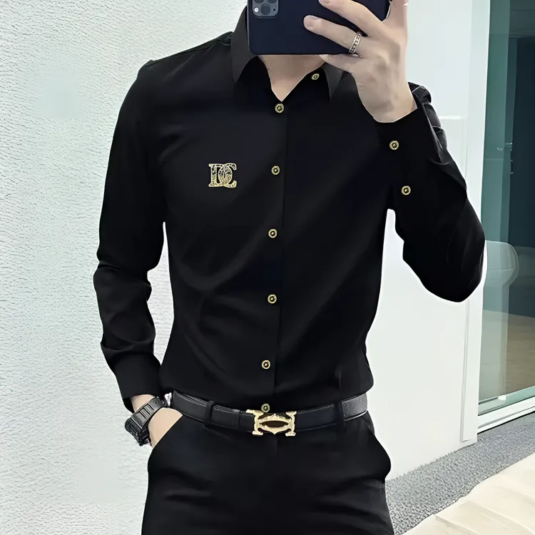 【七彩小黄鸭】高端免烫衬衫男长袖秋季修身商务休闲烫钻衬衣男装