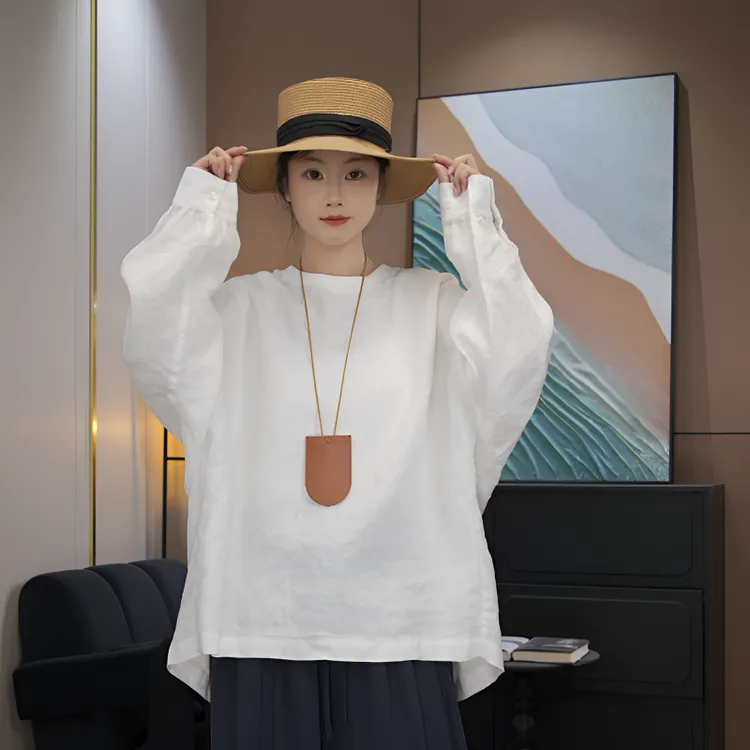亚麻女装纯色百搭宽松型常规落肩袖慵懒风长袖圆领T恤简约韩版