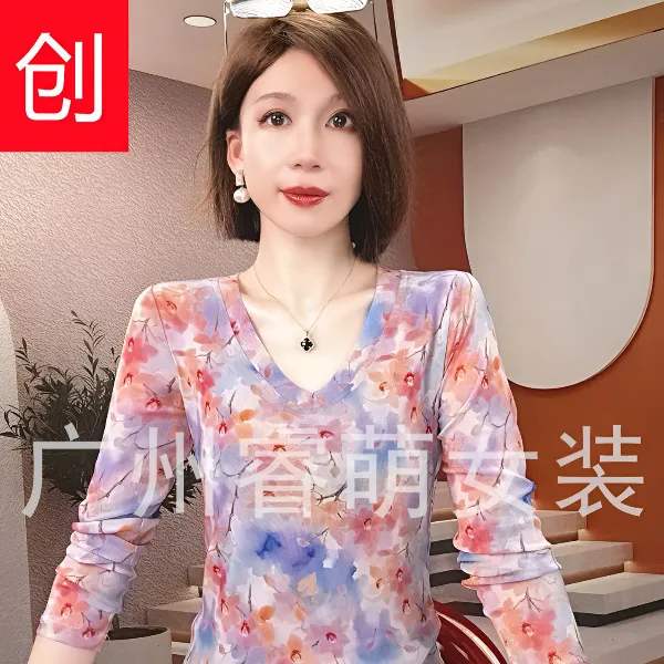 秋季新品V领网纱上衣长袖高档套头T恤女士时尚印花打底衫气质上衣