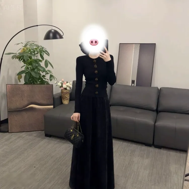 2025秋冬黑色千金风金扣小衫时尚气质穿搭细闪长裙套装女显瘦