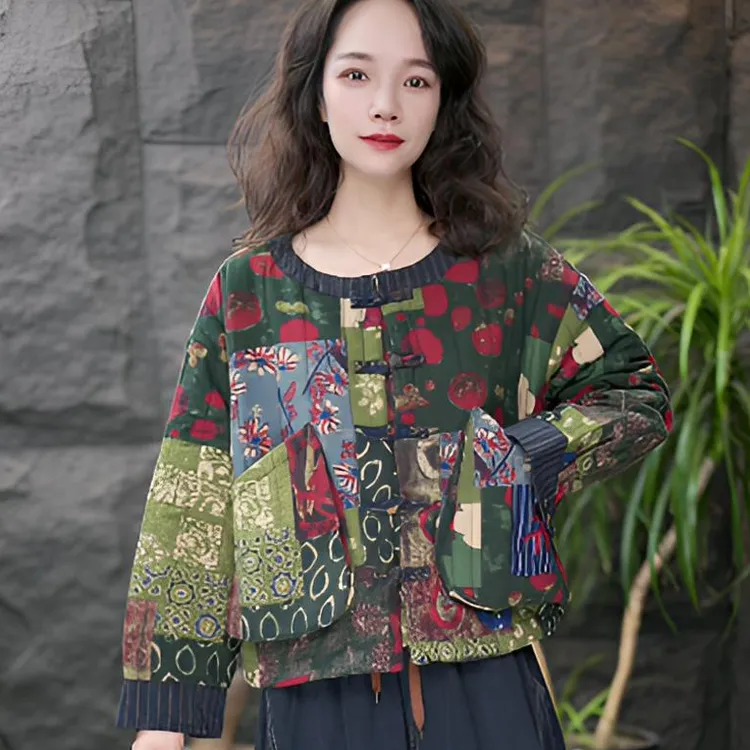 JJ常规款印花拼接保暖厚款棉衣棉服长袖显瘦休闲时尚民族风宽松