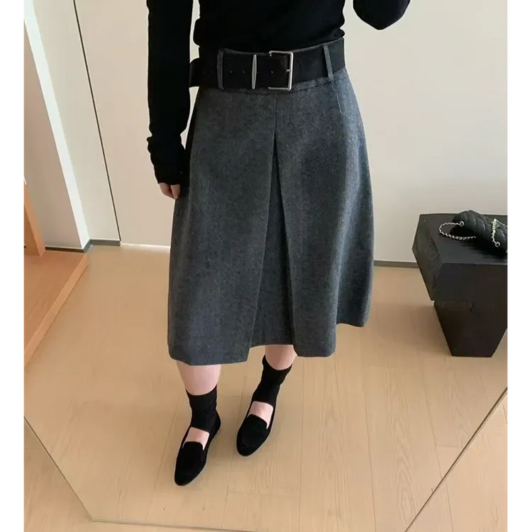 韩系线条感立体单褶微开叉半身裙女秋冬新款肌理感毛呢高腰中长裙