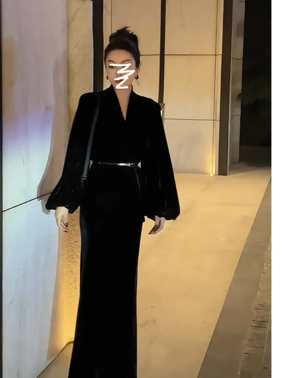 【三件套】早秋搭配一整套气场高级感富家千金黑色连衣裙套装3358#