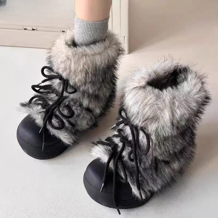 复古毛毛大头靴女款2025冬天新款时髦流行保暖抗寒厚底百搭雪地靴