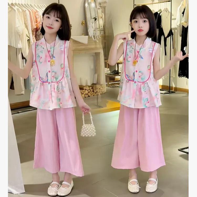 女童夏装2025新款儿童国风套装女宝新中式背心马甲阔腿裤古风汉服
