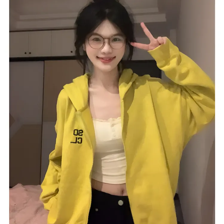 复古字母开衫连帽卫衣女秋季oversize美式高街2025新款慵懒风外套