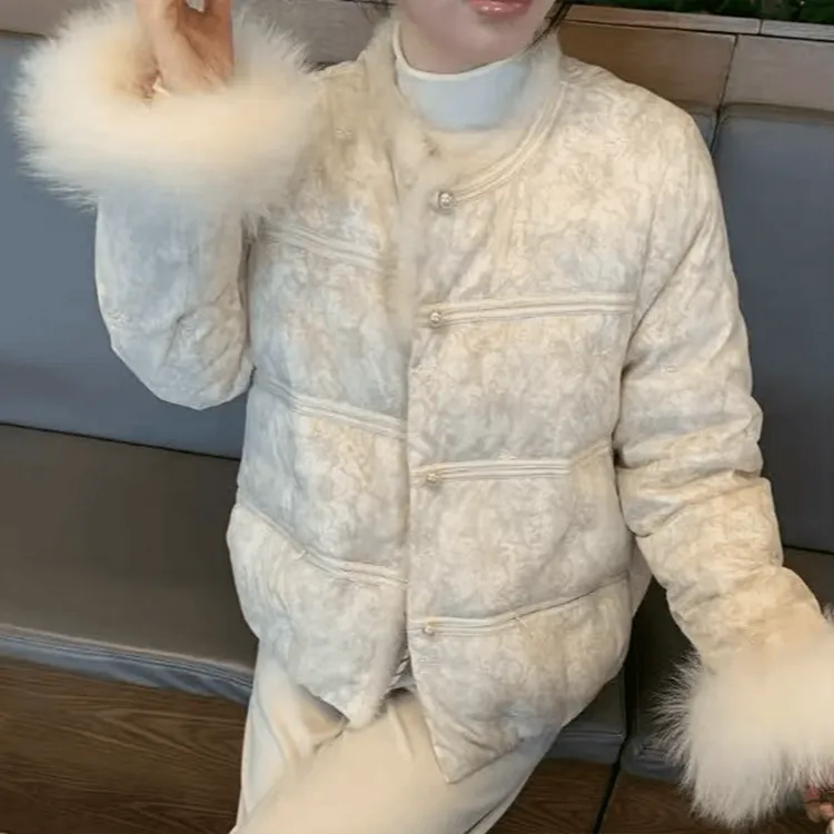 新中式提花棉衣外套女冬季新款宽松加厚保暖复古国风毛领短款棉服