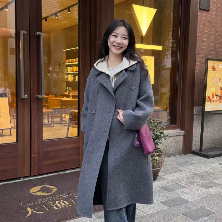 艾格真两件双层加厚羊毛大衣＋羊毛马甲百搭休闲慵懒韩系穿搭29228