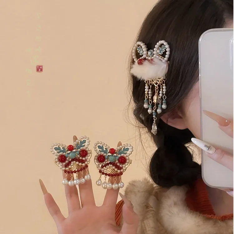 醒狮发夹女古风汉服头饰配饰醒狮精致小边侧边夹流苏中国夹子发饰