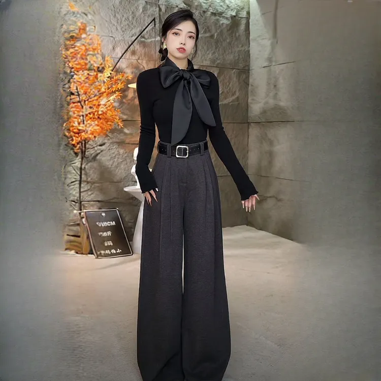 【冬款毛呢】双面毛呢高腰阔腿拖地裤加厚秋冬款2025(送皮带）