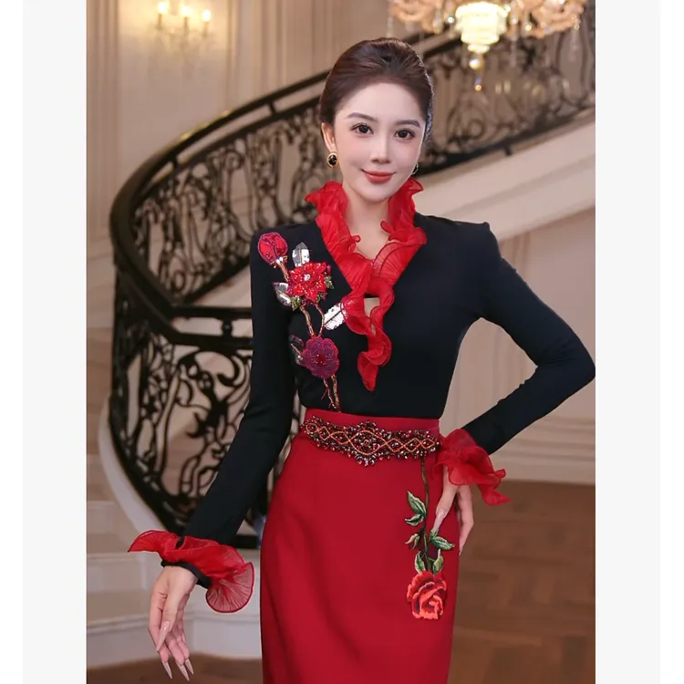 【芙娜妮】木耳边刺绣保暖针织衫2025秋冬季女装新款洋气F2531205A