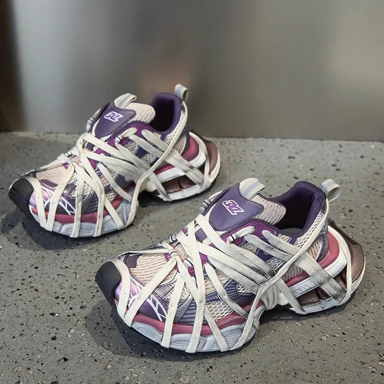 纪诗哲女鞋轻便厚底内增高老爹鞋女时尚透气网面休闲绑带运动鞋