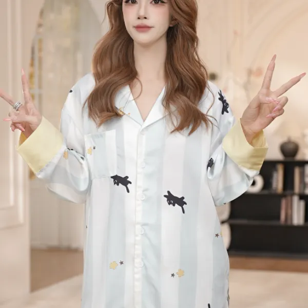 VINEEMAN【可爱猫咪】睡衣女春秋季长袖休闲家居服春夏印花家居服
