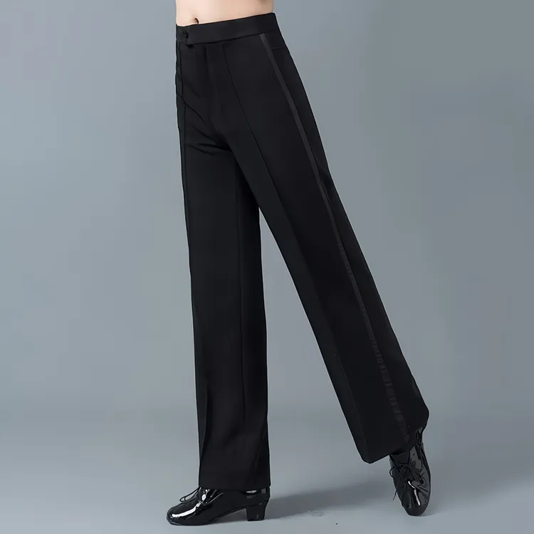 新款拉丁舞裤子男士摩登舞交谊舞高腰直筒跳舞裤子黑色国标舞长裤
