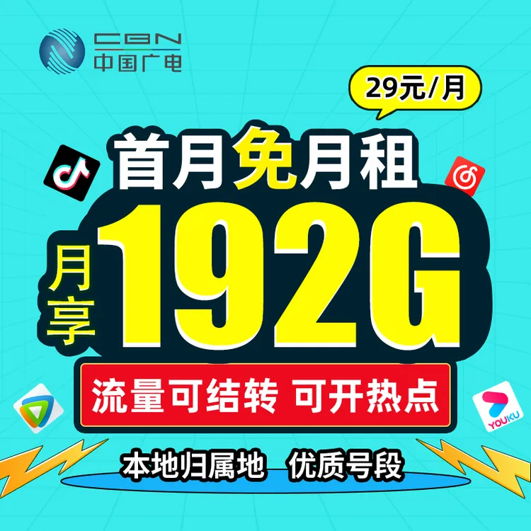 中国广电卡192g广电流量卡推荐广电手机卡办理官方正品广电升卿卡