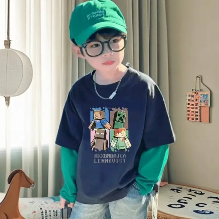 儿童长袖T恤男童假两件打底衫春秋新款男孩卡通潮牌童装拼接上衣