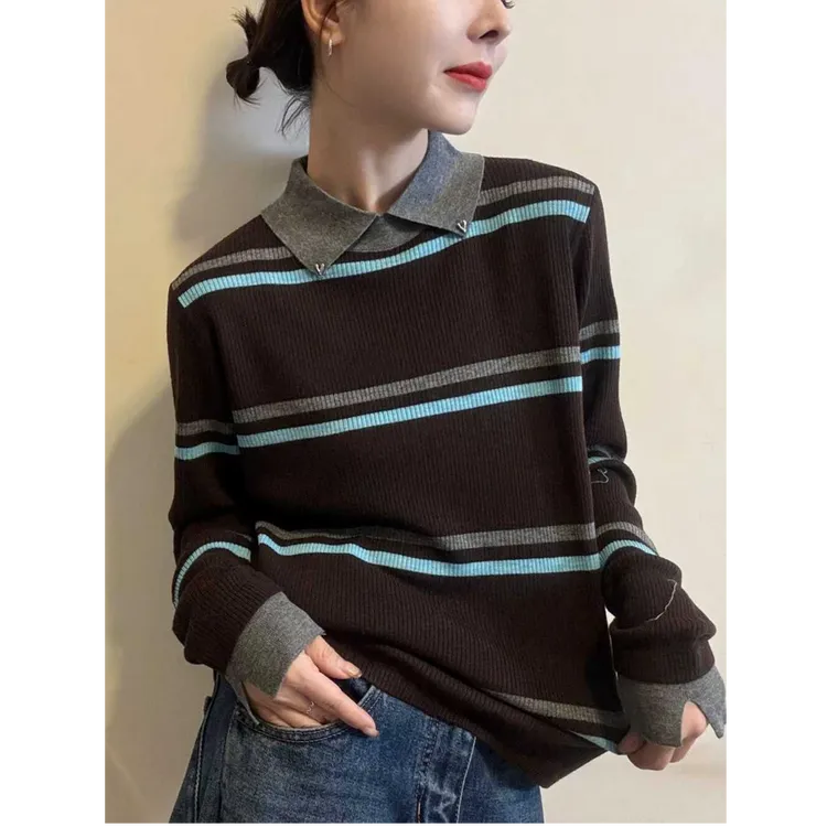 秋冬POLO衫韩系条纹翻领针织衫长袖显瘦打底衫撞色套头毛衣上衣女