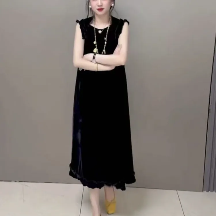 9195法式高级感气质木耳花边无袖丝绒百搭夏季2025纽扣连衣长裙