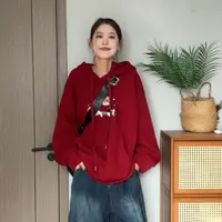 橘子罐头秋冬新款百搭宽松潮流韩版复合加厚连帽印花红色卫衣