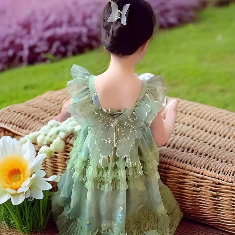 女纯色公主裙夏季蝴蝶纱裙小女孩礼服裙子女童裙子公主款