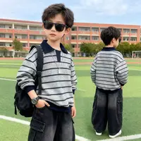 男童秋冬加绒厚款男女通用条纹套头卫衣韩版翻领拼色秋冬polo卫衣