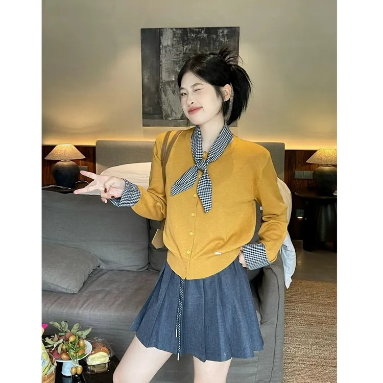 1192秋冬短款针织毛衣开衫外套女早秋季格子拼接休闲上衣时尚百搭