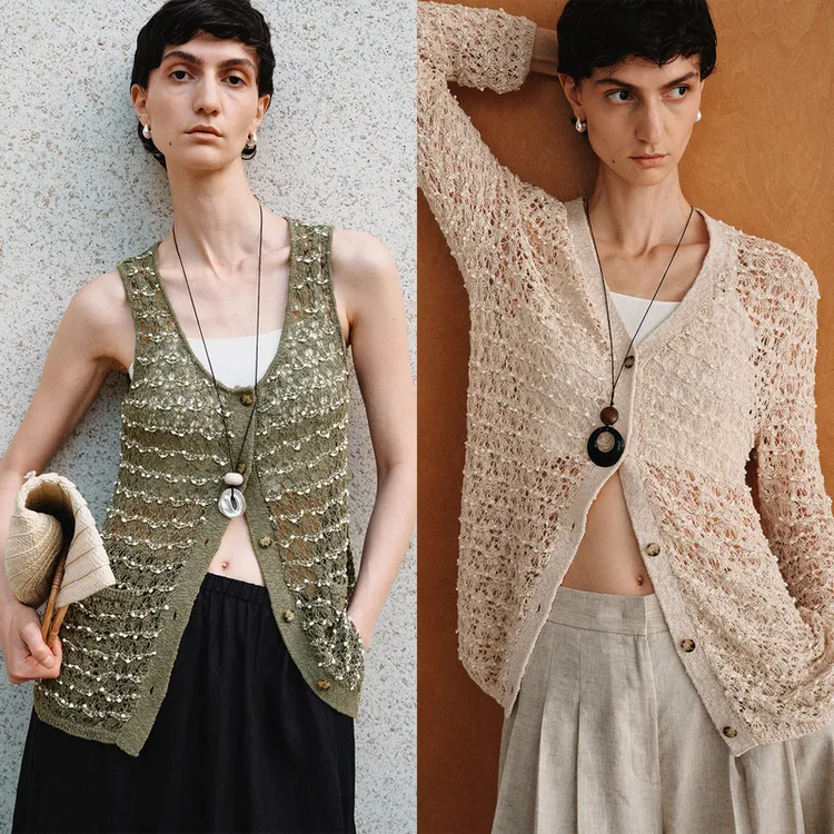 “鼓浪屿”围巾领休闲法式提花小香风镂空针织两件套